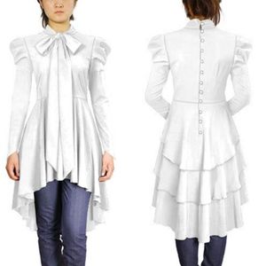 White Ruffled High-Low Bow Tie Long Top